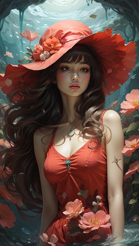 Full Fantasy Flower,<lora:Full Fantasy Flower Flower s wedding dress_20231227014032-000008:0.7>,holding flowers in hand,flower sea,fiora_ariete,creek,hat,(hue saturation:1.3),sitting,