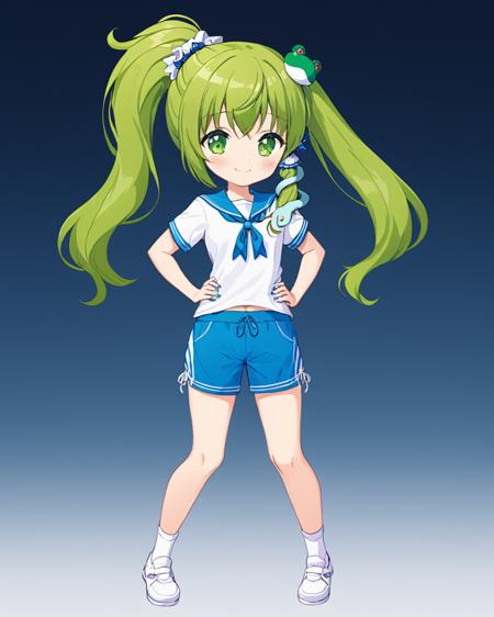 kochiya sanae,1girl, solo, shorts, alternate_hairstyle, frog_hair_ornament, ponytail, smile, full_body, alternate_costume, shoes, looking_at_viewer, socks, v, tied_shirt, white_shirt, hair_scrunchie, nail_polish, t-shirt, white_footwear, snake_hair_ornament, heart, hand_on_hip, star_\(symbol\)
<lora:kochiya_sanae_image8584_2023-12-17:1>,star-shaped_pupils,symbol-shaped_pupils,. gorgeous,key visual, vibrant, studio anime,award-winning, professional, highly detailed,high budget, cinemascope