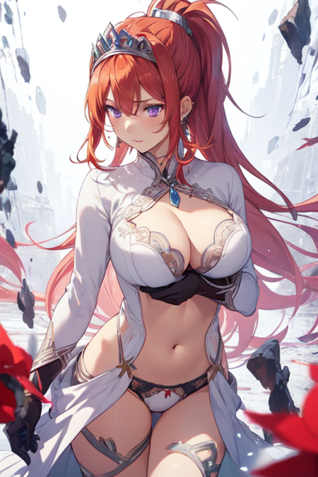 AureliaSaintKazeria, 1girl, solo, long hair, large breasts, gloves, white dress, navel, cleavage, jewelry, purple eyes, panties, ponytail, red hair, earrings, orange hair, tiara, center opening, 