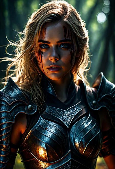 Ultra detailed digital art masterpiece Warrior girl dressed in a iron Armor, Standing on a battlefield at the head of an army of knights, where a bloody slaughter is taking place, standing in battle pose, a dark epic fantasy, perfect lighting, beautiful Kiernan Shipka as Warrior girl, attractive woman, elegant, sinewy athletic body, unreal engine 5 nanite quality, mixed with dark elements, dark environment, very stormy day, clean dark velour witch clothing, LOTR style, dark washed out eyeliner, no make up, natural bloody face, realistic brown eyes, ultra detailed atmospheric details, beautiful glowing effects, sparkle effects, realistic body proportions, beautiful face proportions, complex masterpiece, wavy blonde hair, creative glowing detailed tattoos, complex physics, enhanced colors, complimentary colors, ultra detailed raytracing reflections, Ultra detailed complex background, environment feels alive, direct eye contact, dramatic lighting, wet and sweaty skin, beautiful firm Breasts, Daylight, Concept art portrait by Greg Rutkowski, adding to the intense and dynamic atmosphere of the scene.