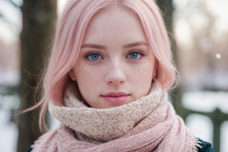 (masterpiece), (best quality), (hyper realistic:1.4),(photorealistic:1.3),(intricate details:1.35), (face behind wooly scarf:1.3), photograph of a cute girl, spanish, pastel pink hair, pale skin, freckles, blush, innocentl, snowfall, Porta 160 color, shot on ARRI ALEXA 65, bokeh, sharp focus on subject, shot by Don McCullin, <lora:detail_slider_v4:1.3> <lora:epiCRealLife:0.8> (very detailed eyes:1.2)