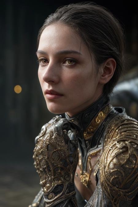 Raw Photo of planetary explorer of harsh alien worlds, wearing transparent, ((translucent), gold filigree biomechanical suit, gold filigree gloves, ((light bokeh)), intricate, elegant, sharp focus, soft lighting, vibrant colors, masterpiece, detailed face, intricate details, cinematic shot on Nikon z9 mirrorless camera, ultra realistic, (art by Darek Zabrocki and Giger and Cedric Peyravernay),  (detailed exterior sci-fi environment :1.4), Dystopian, photorealistic, epic, highly detailed eyes, eyes are identical and symmetrical  <lora:more_details:0.9> ((eye contact)), looking at viewer