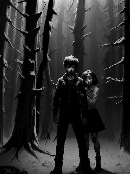 boy and girl in forest edge, ripped to shreds, blood,  horrors, (TinyBunnyStyle:0.7) , monochrome, art   <lora:Tiny_Bunny:1>