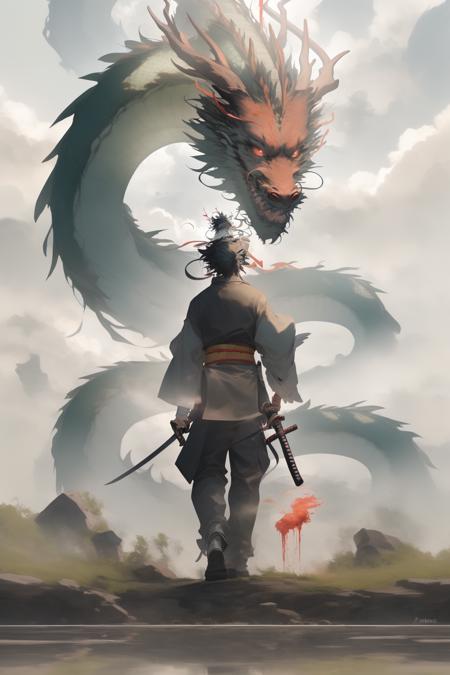 chinesedragon, dragon, eastern dragon, weapon, sword, holding, holding weapon, 1boy, long hair, cloud, standing, holding sword, architecture, reflection, blood, east asian architecture, male focus, sky, ponytail, black hair, katana, outdoors, pants, fire, cloudy sky, horns, japanese clothes, bandages, sheath, looking at viewer, mask, solo