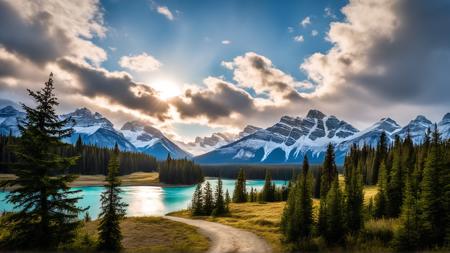 best quality,masterpiece,highers,4k,8k,realistic,
banff,blue sky,bush,cloud,cloudy sky,day,field,forest,grass,horizon,lake,landscape,mountain,mountainous horizon,nature,outdoors,path,river,road,scenery,sky,sunlight,tree,water,banff