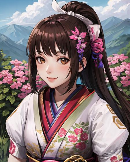 best quality, (masterpiece:1.2), illustration, absurdres, bright colors, vivid colors,
(1girl), (solo), (beautiful detailed girl), 
<lora:OichiSW4-07:0.9>,  Oichi, brown hair, ponytail, hair ornament, brown eyes, medium breasts,
pink dress, japanese clothes, long kimono, short sleeves, tabi socks, sandals,
magical forest, flowers, distant mountains, sky, clouds,
looking at viewer, confident, gentle smile,
sitting,  (upper body, portrait),