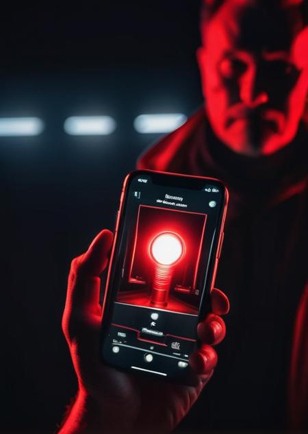 a person holding a cell phone in their hands with red light on them and a black background with a red light on the phone, Cedric Seaut (Keos Masons), anamorphic lens flare, a character portrait, cobra
