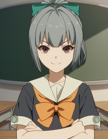 yubari, bangs, brown eyes, ponytail, hair bow, grey hair, yuubari (kancolle) skirt, school uniform, short sleeves, pleated skirt, serafuku, bowtie, crop top, green skirt, orange bow, orange bowtie,