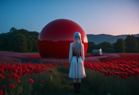 cinematic photo city street,street,street photography,<lora:Beeple_scenery:1>,Beeple,scenery,a man standing next to a giant red object in a field of flowers and grass with a sky background,, <lora:Metroplex Base:0.4>,a city scnery,, <lora:LetThereBeLight:0.3>,Beeple,lighting,, 1girl,long silver-white hair pale as moonlight,Targaryen lineage,hair is worn in intricate braids,large violet eyes noted for their intensity and otherworldly quality,pale smooth skin with a creamy complexion with an almost luminous quality,striking beauty,slim and petite build, . 35mm photograph, film, bokeh, professional, 4k, highly detailed