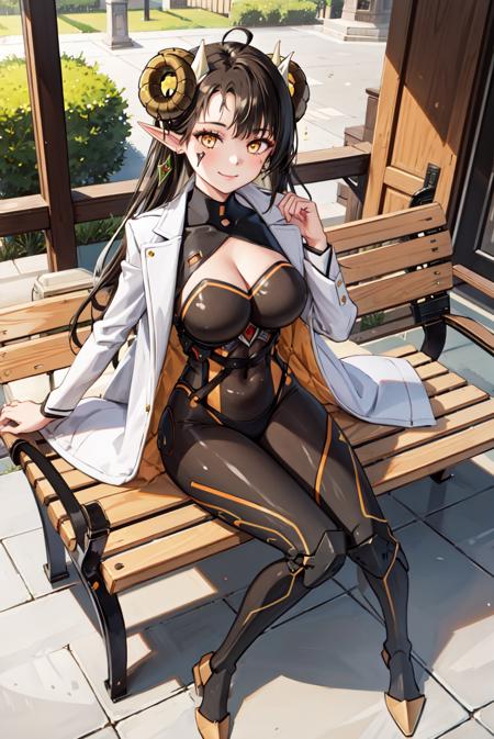 ccrosselle, cleavage cutout, open coat, bodysuit, earrings, jewelry, sheep horns ccrosselle