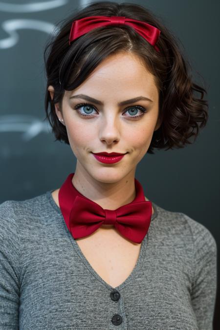 photo of a woman, kayas:0.99, ((shirt, pixie cut, bowtie):1.1), ((classroom, chalkboard)), ((red lipstick, makeup)), (smile), ((best quality, masterpiece, extreme details, high resolution):1.2),((detailed eyes, beautiful eyes, detailed face, beautiful face):1.2)