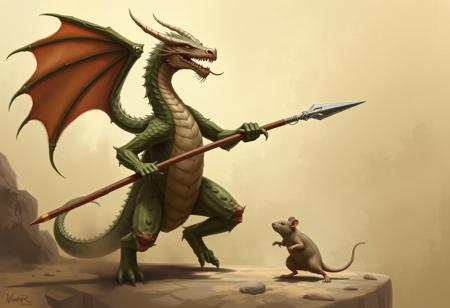 dragon holds a spear and chases a rat