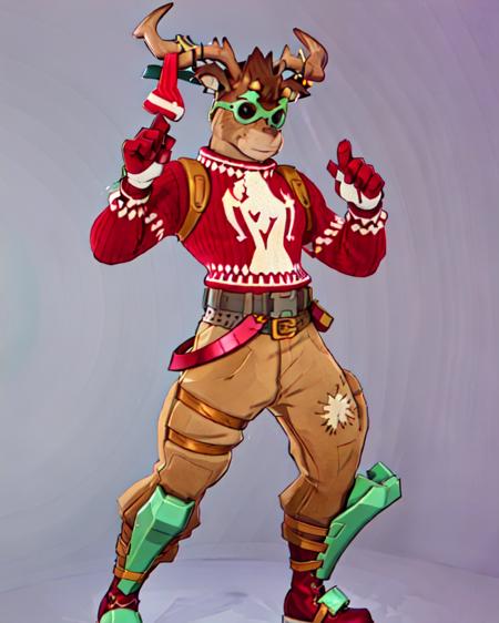 <lora:Fortnite_Dolph:0.6>, Fortnite_Dolph, Novelty Glasses, Christmas Sweater, Belt, Christmas Stocking, Christmas Lights, Candycane, Pistol Holster, Christmas Ball Ornament, Khaki Pants, Shin Guards, Boots, (((heroic pose))), cartoon, 80s anime, anime, vector drawing