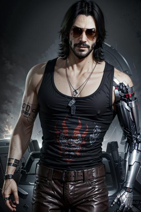 JohnnySilver, male focus, 1boy, facial hair, dog tags, solo, tank top, sunglasses, beard, single mechanical arm, cyborg, jewelry, mechanical arms, prosthesis, black hair, realistic, prosthetic arm, pants, necklace, ring, belt, tattoo, mustache
<lora:epi_noiseoffset2:1>,   <lora:JohnnySilver:0.7>