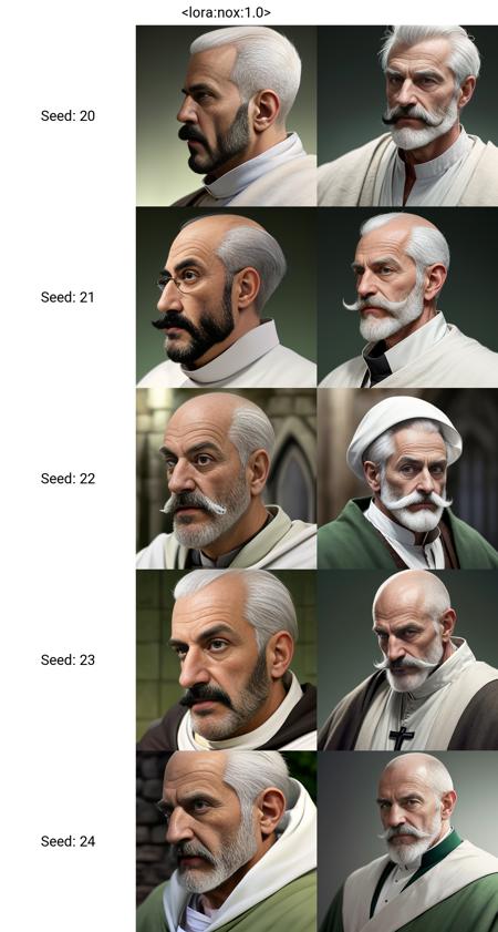 <lora:nox:1.0>. A man. Tonsure. Gray hair. Priest. Small white mustache. Small white beard. Gray medieval robe with a high collar.  Semi-profile. Dark green blurry background. Low brow ridges. Portrait of a RPG character. Extreme close up.