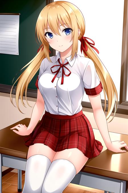 <lora:HuniepopTiffany-v1-06:0.6>, ChopioTiffany, blonde hair, very long hair, low twintails, hair between eyes, hair ribbon, blue eyes, (looking at viewer:1.3), medium breasts, outfit_1, white shirt, collared shirt, short sleeves, neck ribbon, red skirt, plaid skirt, pleated skirt, white thighhighs, zettai ryouiki, underwear, pink bra, pink panties, white thighhighs, cheerleader, confetti, pom pom (cheerleading), red shirt, white skirt, sleeveless, yellow panties,