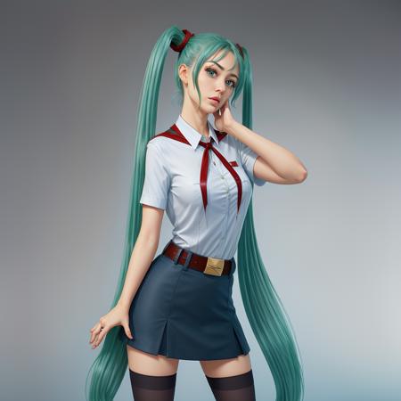 (best quality:1.15), (masterpiece:1.15), (detailed:1.15), (realistic:1.4), (intricate:1.4), award winning photo of mikufb, (1girl:1.0), (solo:1.0), detailed face, (perfect face:1.0), detailed eyes, (realistic eyes:1.2), ((green eyes), cyan hair, long twintails, red scrunchy, red hair bands,  white shirt, collared shirt, short sleeves, red neckercheif, chest pockets, chest bage, belt, blue skirt, black stockings),   studio lighting, looking at the camera, dslr, ultra quality, sharp focus, tack sharp, dof, film grain, Fujifilm XT3, crystal clear, 8K UHD <lora:mikulorafb_v03:0.78>