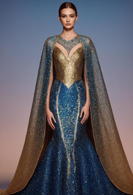 Pointillism style 1girl, woman,a woman in a blue gown with gold detailing,gown,background,<lora:Haute Couture (AM):1>,haute couture, realistic, photorealistic,<lora:LetThereBeLight:0.2>,Beeple,((((volumetric lighting)))),, elegant cape . Composed entirely of small, distinct dots of color, vibrant, highly detailed