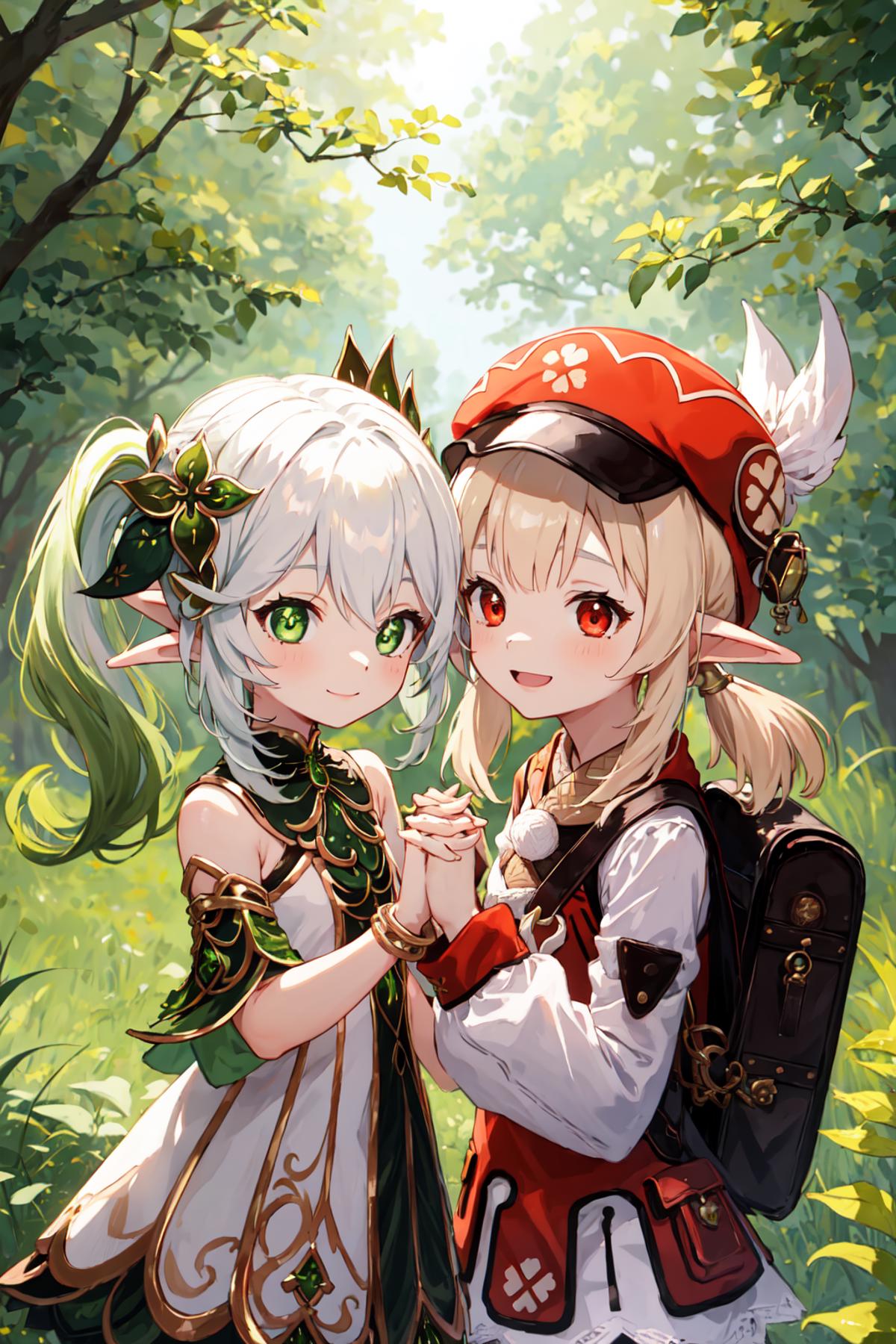 Two Elf-like Characters with Green Eyes and Green Hair, Holding Hands and Smiling.