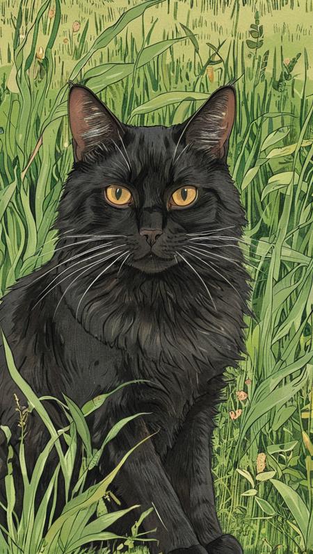 (illustration:1.3), portrait of black cat, long fur, sitting in large grass, <lora:Exquisite_illustration:1>