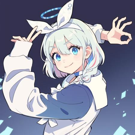 <lora:Goodbye Sengen:0.9>, goodbye sengen, simple background, ok sign, V, arona, 1girl, white hairband, bow hairband, halo, short hair, single braid, school uniform, blue shirt, white sailor collar, long sleeves, white bowtie, white choker <lora:aronaBlueArchive_v1:0.7>, smile, looking at viewer