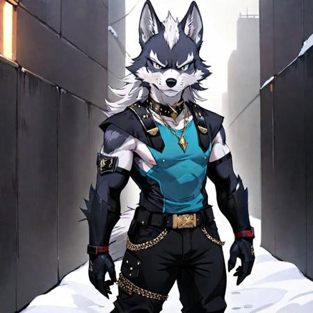 solo, male, anthropomorphic, furry, wolf, wolf o' donnel, two toned fur, saturated saturated fur, mohawk hair style, short hair, spikey hair, layered hair, white hair, head visor, head gear, blue lens, blue glass, thick eyebrows, white eyebrows, small pupils, red eyes, serious looking expression, wolf face,  tall pointed wolf ears, small beard, wolf cheek fur, layered face fur, black chocker, black dog collar, collar with spikes, white chest fur, white chest hair, black tank top, sleeveless shirt, tight shirt, muscular, toned abs, necklace, gold necklace, silver necklace chain, dark grey shoulder armor pads, shoulder armor with spikes, metal spikes, armpit hair, dark aqua blue coat, military coat, black sleeve gloves, black and white sleeve strap, black gloves, wolf claws, sharp claws, dark brown belt, dark gold belt buckle, golden wolf face belt buckle, military pants, tight pants, dark purple gun holster, holster straps, two toned tail, thick metal boots, reflective metal boots, red and magenta color boots, long fluffy wolf tail, wolf tail with split end, metal knee pads, military knee pads, knee pads with a metal spike, metal chain, metal chain connected to pants, pocket chain