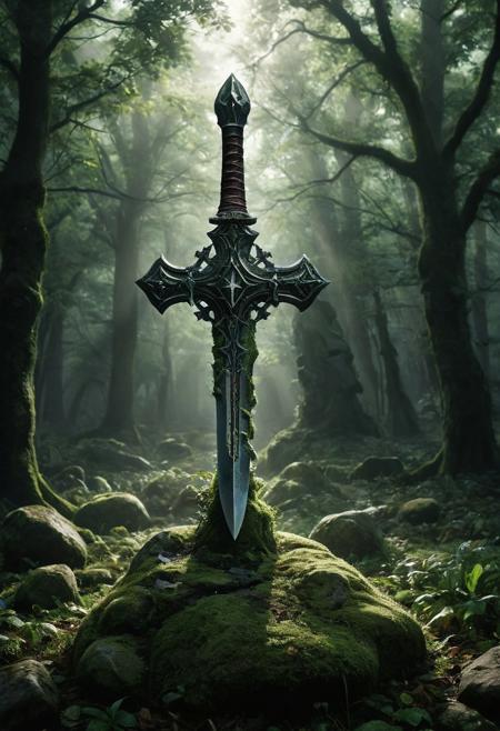 A detailed image of an enchanted medieval fantasy sword thrust into a large, clean boulder that serves as a gravestone. The sword is vertical, resembling a cross, with the blade driven in slightly more than halfway. The sword appears ancient, with a slightly glowing blade and intricate details on the hilt. The boulder is clean and solid, not covered in moss, and the grave is relatively new. The scene is somber and mystical, set in a quiet, slightly overgrown graveyard. Dead rising