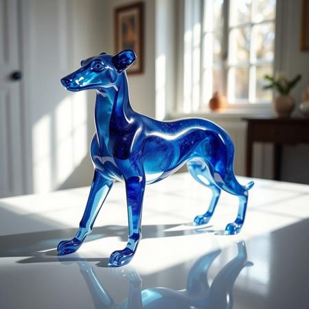 A realistic photograph of a dog sculpture made from a solid piece of sapphire. The sculpture depicts an elegant Greyhound, painted in various shades of blue that highlight the stone's luster and the play of light. The sculpture is placed in a bright white sunny room, where soft light creates beautiful reflections and shadows on the surface.
