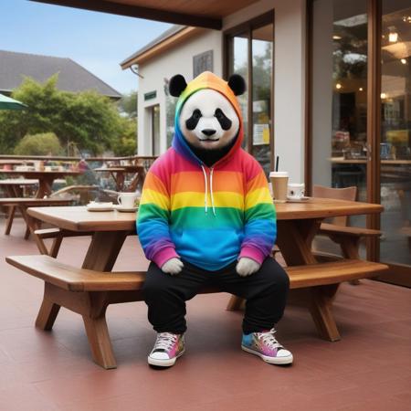 Rainb0w M0rph, score_9, score_8_up, score_8, Masterpiece, High Details, HD, 8K, Photorealistic, perfect, High Quality, A realistic rainbow colored panda wearing a shark hoodie and converse shoes. The panda is holding a cup of coffee standing in front a coffee shop