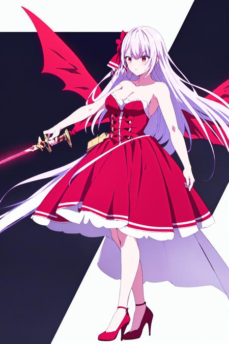 riselia, 1girl, solo, weapon, sword, long hair, dress, red-black dress, wings, red wings, hair ribbon, red ribbon, white hair, red eyes, high heels, bare shoulders
high quality, best quality, ultra detailed, masterpiece, <lora:EMS-54227-EMS:0.700000>