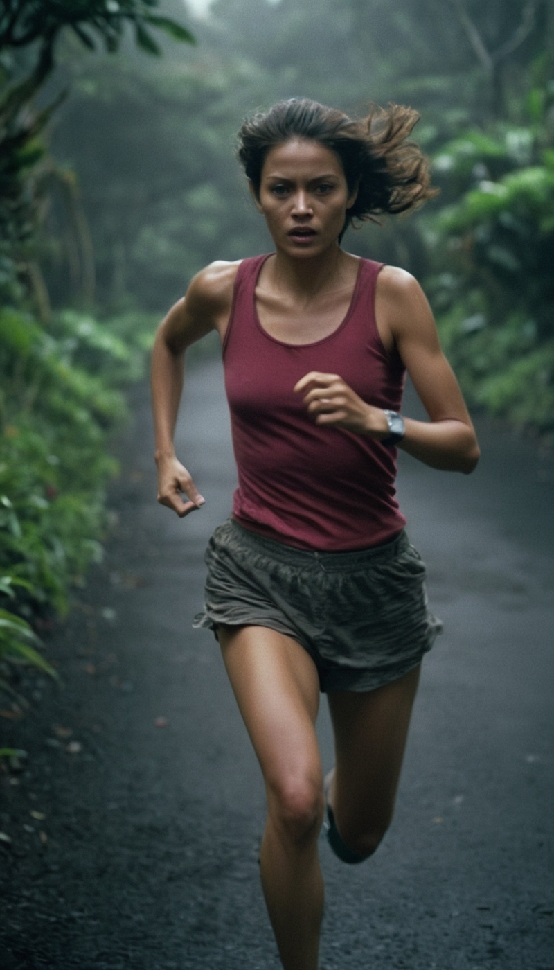 Woman Running on a Path in the Forest in a Red Tank Top and Shorts.