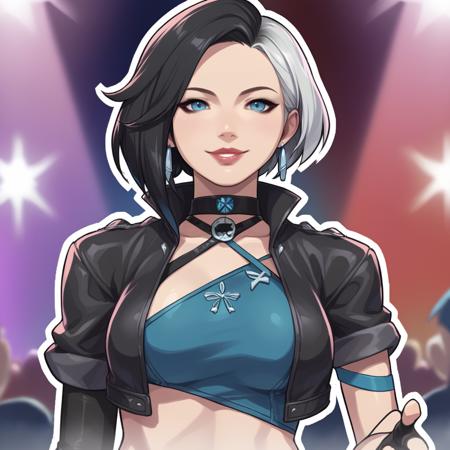 lunasnow short hair,short hair, multicolored hair, white hair, black hair, two-tone hair, jewellery, bodysuit, snowflakes