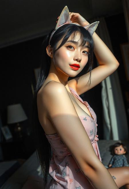 DSLR-style, slender, elegant 26-year-old Korean model, extremely pale skin with natural texture, soft shadow on cheek, diffused daylight from side, parted lips, masterpiece, ultra high-res  
<lora:NOOB_vp1_detailer_by_volnovik_v1:1>
barely visible pores, subtle skin texture variation, translucent skin tone, full body. 
masterpiece,best quality,amazing quality, usnr
1 cat woman, adult, big boobs, pink ruby eyes, cat tail, tail band, cat ears, long ponytail, black hair, happy, shoulderfree, shoulders, (sideboob:1.1), open pajamas, printed pajamas, pink pajamas, dancing, arms up, wariza, (rainy foreground:0. 9), (open window in foreground:1.1), dark room, (large room:1.1), on bed, curtains, lamp, cute stuffed animals, (poster:0.9), (bookshelf:0.9), (black background:1.1), focus, looking at viewer, (from outside:1.1), (from above:1.1), from behind, ass focus, full body, low angle
