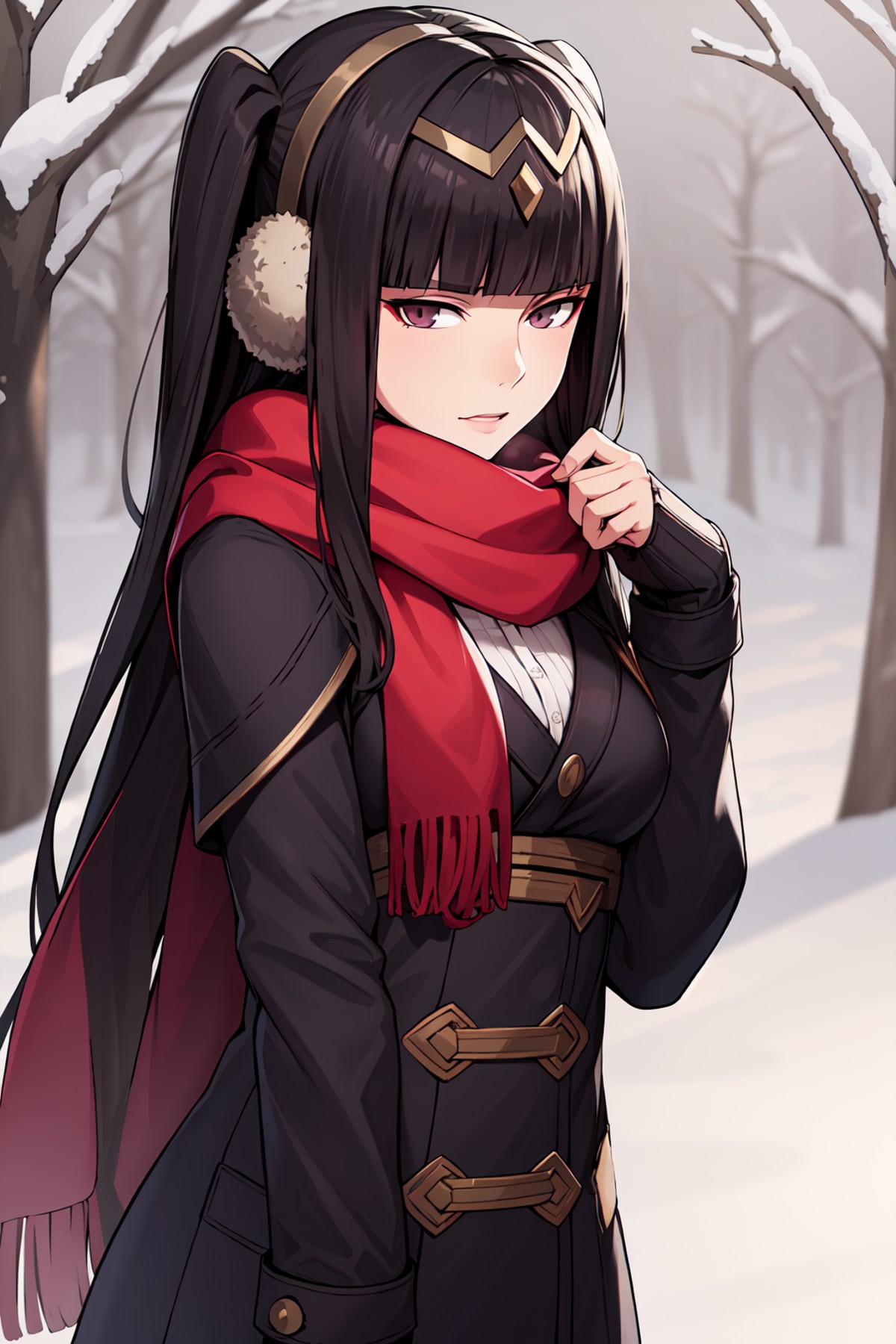 best quality, masterpiece, tharja, <lora:TharjaFE:0.7>(gray scarf:1.2), ear muffs winter, coat, snow, cold,