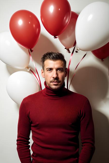 FrancescoGabbani, fashion portrait photo of handsome bearded man from the 60s wearing a (red turtleneck:1.1) standing in the middle of a ton of (white balloons:1.1), taken on a hasselblad medium format camera <lora:FrancescoGabbaniLora:1>