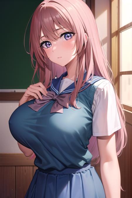 shinjuinui, <lora:shinjuinuis1-lora-nochekaiser:1>, 
shinju inui, long hair, pink hair, (pink eyes:1.5), (large breasts:1.2),
BREAK skirt, shirt, bow, school uniform, white shirt, short sleeves, pleated skirt, serafuku, bowtie, sailor collar, vest, blue skirt, sweater vest,
BREAK indoors, classroom,
BREAK looking at viewer, (cowboy shot:1.5),
BREAK <lyco:GoodHands-beta2:1>, (masterpiece:1.2), best quality, high resolution, unity 8k wallpaper, (illustration:0.8), (beautiful detailed eyes:1.6), extremely detailed face, perfect lighting, extremely detailed CG, (perfect hands, perfect anatomy),