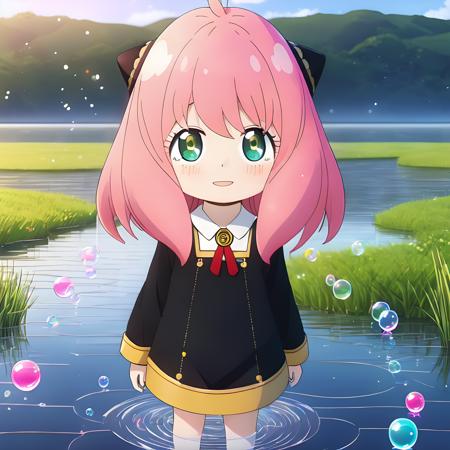 4k,a cute girl standing in water,lake,grassland,shining,surrounded by colorful bubbles,colorful,water splashing,detailed anime style,pink hair,school uniform,anya  \(spy x family\),<lora:anya  (spy x family):1>,