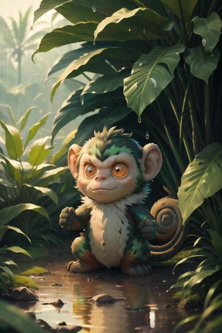 (8k, RAW photo, best quality, masterpiece:1.2), monkey,tail.looking at viewer, yellow fur, red eyes, jungle, tropical trees, green grass, colorful images, rain, <lora:Mynci:0.70>,mynci