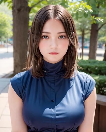 best quality, photorealistic, 8k, high res, full color, 1girl, woman, 20 years old woman, (closed mouth:1.73), (skindentation), (portrait:0.6), trees, park bench, daylight, ((park background:1.52)), full color, ((sleevelessblueshirt:1.58)), looking at viewer:1.8, (1girl eyes looking at viewer:1.55), (medium hair, brownhair, partedbangs:1.45), (bokeh), <lora:AAG-nashiko:0.69>