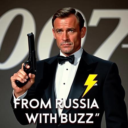 parody of a poster for the James Bond film with James Bond (starring Sean Connery) wearing tuxedo with yellow lightning sticker on right chest, holding a pistol. The title text " FROM RUSSIA WITH BUZZ " is overlaid on the image in large, bold, stylized capital letters, with the text designed to stand out against the image. "007" is prominently displayed in large, white numbers against the image.