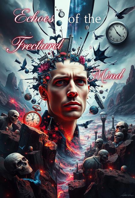 The phrase "Echoes of the Fractured Mind" appears in elegant, yet slightly distorted calligraphy, integrated into the surreal landscape. Hyper-detailed, with a mix of photorealistic and abstract elements. Rich, oversaturated colors blend with areas of stark, clinical whiteness.
A digital art piece visualizing the inner world of schizophrenia. Fragmented reality splinters across the canvas, with multiple perspectives and timelines overlapping. Vivid hallucinations materialize: eyes peek from impossible places, whispered words become tangible, floating text. Paranoid delusions manifest as shadowy figures with malevolent grins lurking at the edges. 
Intense emotions swirl in neon colors - fear, confusion, and fleeting moments of clarity. Everyday objects morph into surreal, threatening forms. A cacophony of voices represented by swirling, chaotic patterns. Time distorts, with clocks melting and numbers scrambling.
Central to the image, a fragmented self-portrait struggles for coherence amidst the chaos. Layers of perception peel away, revealing both inner torment and moments of profound insight. Symbols of disconnection - frayed neural pathways, shattered mirrors - contrast with images of hope and resilience.