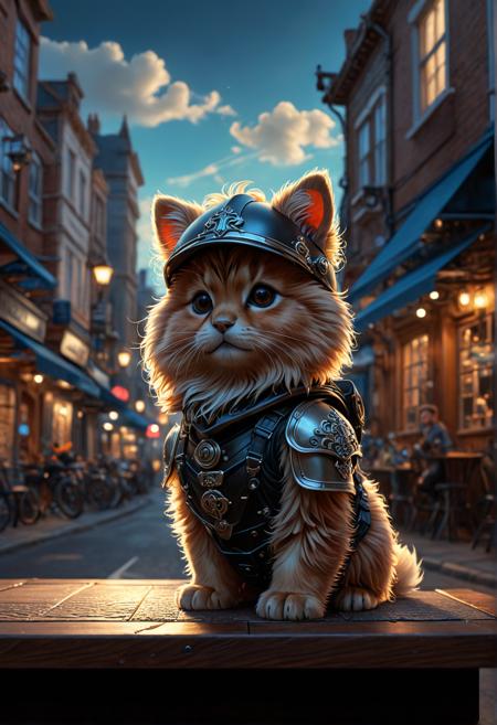 beautiful fluffy animal <lora:light_contour_sdxl:1.0>, Dan Mumford, studio lighting, city street, Hyperrealistic, chibi, sash, 1man, indoors, RTX, table, beautiful detailed sky, octane render, professional artwork, fantasy art, microchip, romanticism, clear, helmet, young, beautiful detailed