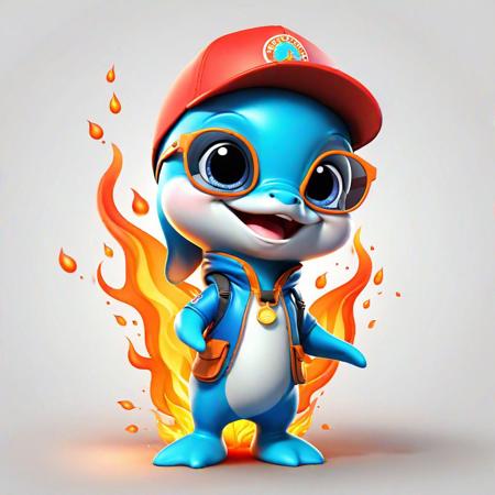 Full body, luxurious sunglasses and hat, excited and happy expression, cute and lovely baby dolphin with fire suit on body, expresses various movements, 2d cute, happy, fantastic, dreamy, illustration, 3d three-dimensional, centered, Professional, smooth, modern and cool. It has graphics, line art, and a white background.