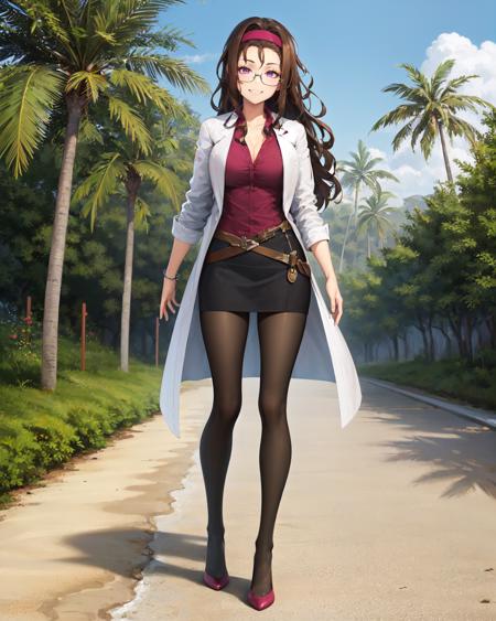 best quality, (masterpiece:1.2), illustration, absurdres,
(1girl), (solo), (beautiful detailed girl), full body shot,
<lora:Rosalie-07:0.7>, brown hair, long hair, messy hair, burgundy headband, forehead, purple eyes, medium breasts,
glasses, half-frame glasses,
labcoat, burgundy shirt, belt, black skirt, black pantyhose, high heels,
looking at viewer, smug, grin,
on a tropical island, palm trees, sand, beach,