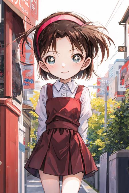 ayumiyoshida, child, blue eyes, short hair, brown hair, bangs, hairband, short dress, smile, standing, city <lora:ayumi-v2:1>