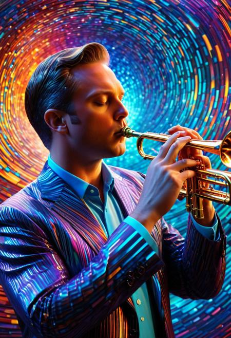 h4v_h0l0,
A trumpet hologram in deep thought, his face half-shadowed in raw, emotional lines, while Bearden’s bold colors swirl around him like sound waves, expressionist figurative art, bold color palette, raw emotional intensity, subjective body perception, surreal distortions, self-portraiture, fluid lines, introspective themes, psychological depth, existential undertones, abstract elements, dynamic compositions, unapologetic vulnerability, contemporary modernism.