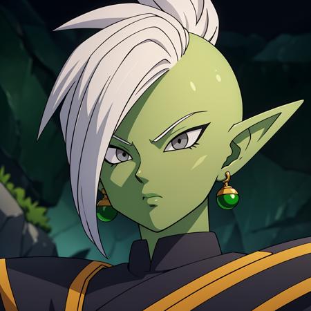 Best_QualityPos, RAW photo, intricate details, best quality, 8k uhd, soft lighting, 1boy, solo, colored skin, green skin, mohawk, white hair, grey eyes, single earring, green earring  <lora:Zamasu:0.6>