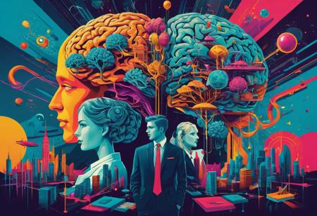 pop art, Stylized, This image depicts humans in business attire developing new skills inside a surreal, dreamlike brain. Inspired by surrealist art, it features bold colors and intricate details reminiscent of futuristic concept art.