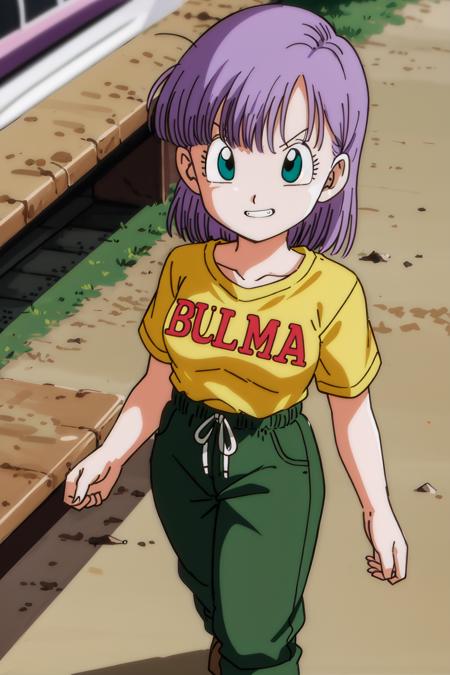 <lora:bulmaptp:0.6>,bulma, 1girl, solo, smile, short hair, closed mouth, bangs, blue eyes, shirt,, from above, purple hair, short sleeves, angry, outdoors, teeth, medium hair, blurry, character name, blurry background, upper teeth only, green pants, looking up, clothes writing, yellow shirt, arms at sides, shirt tucked in, looking afar, boots