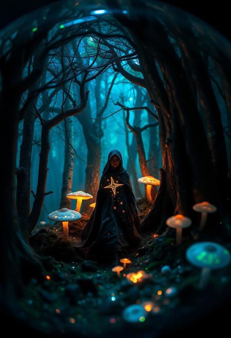 Horror-themed  a tiny micro universe inside an opal marble, here's a brand new image generation prompt: a mystical forest unfolds before us, where towering trees with iridescent bark seem to absorb and reflect the soft light of luminescent mushrooms growing at their bases. the air is thick with an otherworldly energy that crackles with ancient magic. amidst this enchanted landscape, a figure emerges from the shadows: a being with skin like polished obsidian, adorned in a flowing cloak that shimmers with tiny, glittering stars. their eyes burn with an inner light as they walk towards us, their very presence seeming to awaken the forest's secrets and draw forth hidden powers from the trees themselves., tiny unexplored ecosystem, sparks,